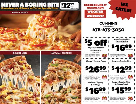 Marcos specials - Marcos offers a variety of pizzas, subs, salads, sides and desserts for delivery or carryout. Build your own pizza with original sauce, signature cheeses and your favorite toppings, or choose from one of the specialty pizzas. 